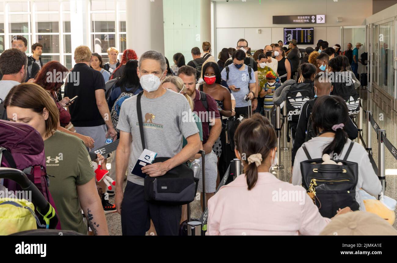 dense line for internal transfer airport security, Seattle airport, Washington Sate, USA Stock Photo