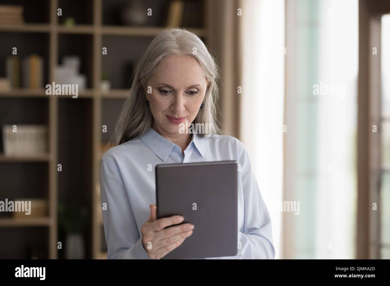 Focused thoughtful elderly grey haired lady using online app Stock Photo