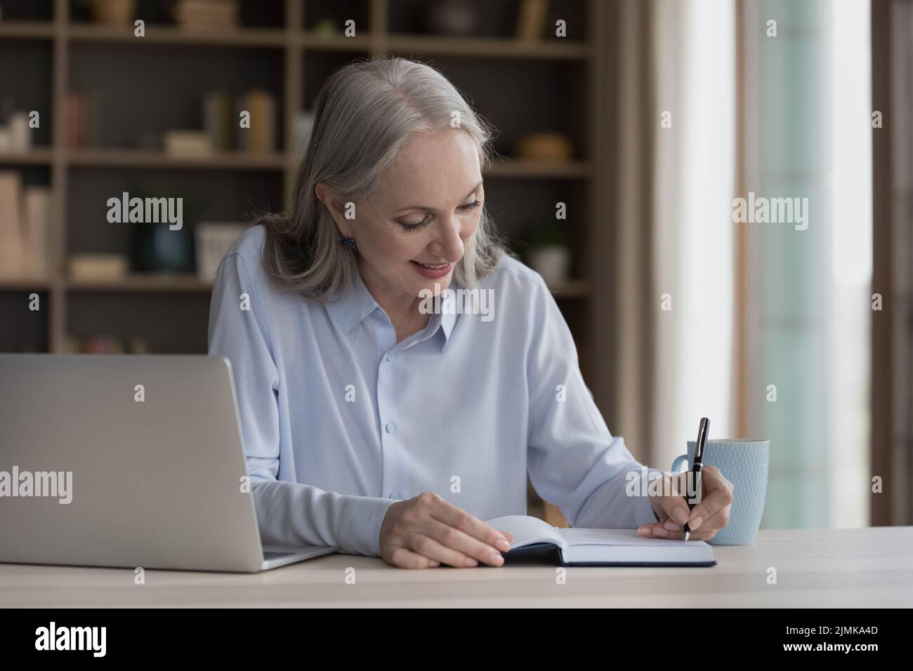 Happy focused mature freelancer woman working at laptop from home Stock Photo