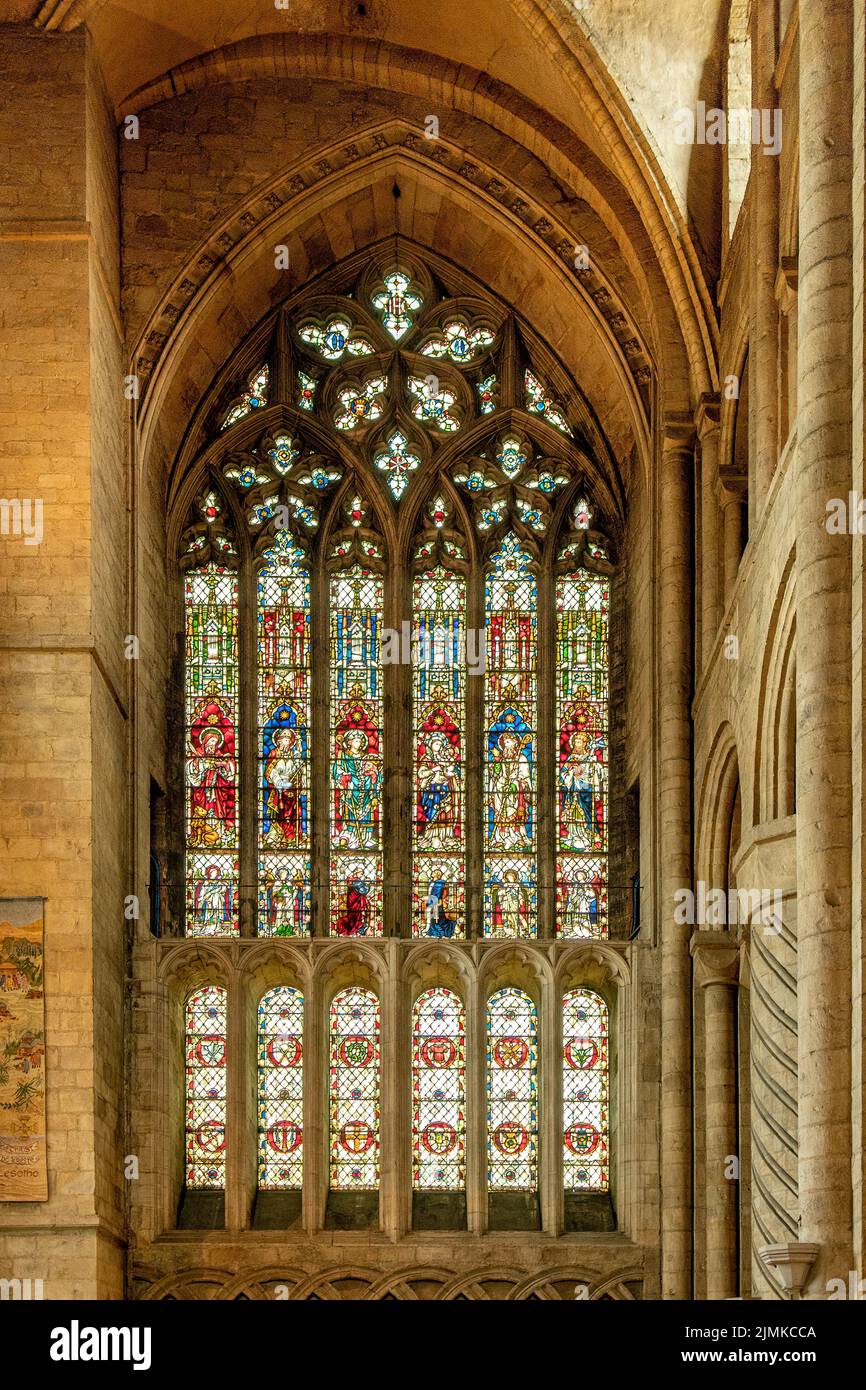 Stained Glass Window in the Cathedral, Durham, England Stock Photo
