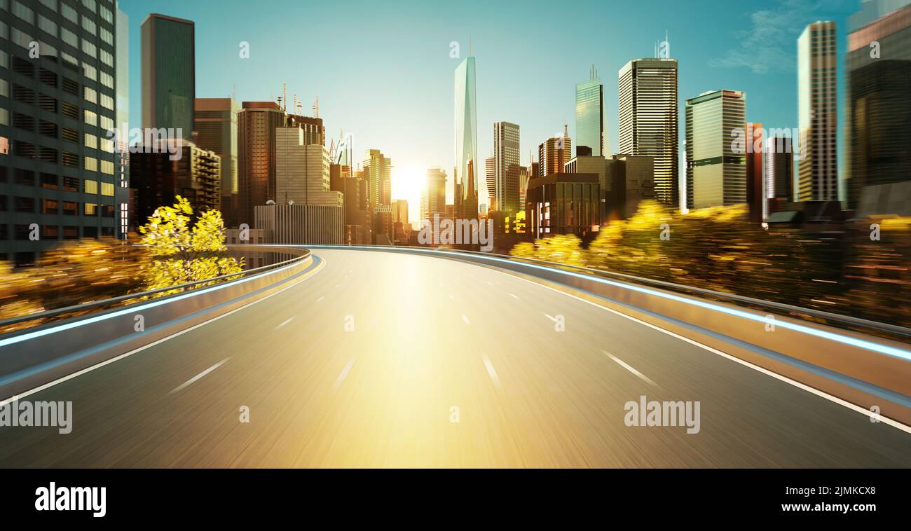 Highway overpass motion blur with cityscape skyline Stock Photo