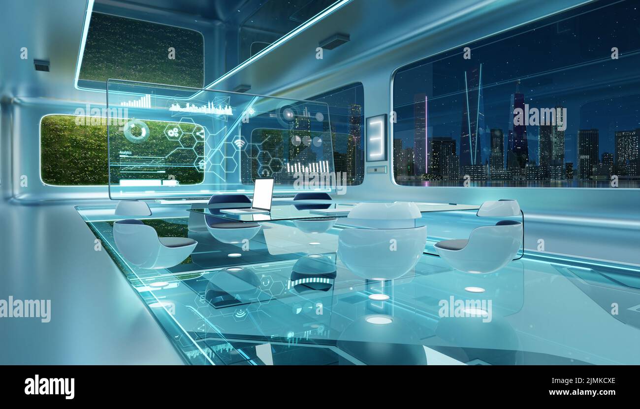 Modern sci-fi futuristic interior office design with green wall plant ...