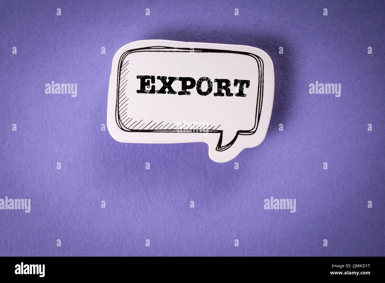 Export. Trade, Shipping and Freight Concept. Speech bubble on purple background. Stock Photo