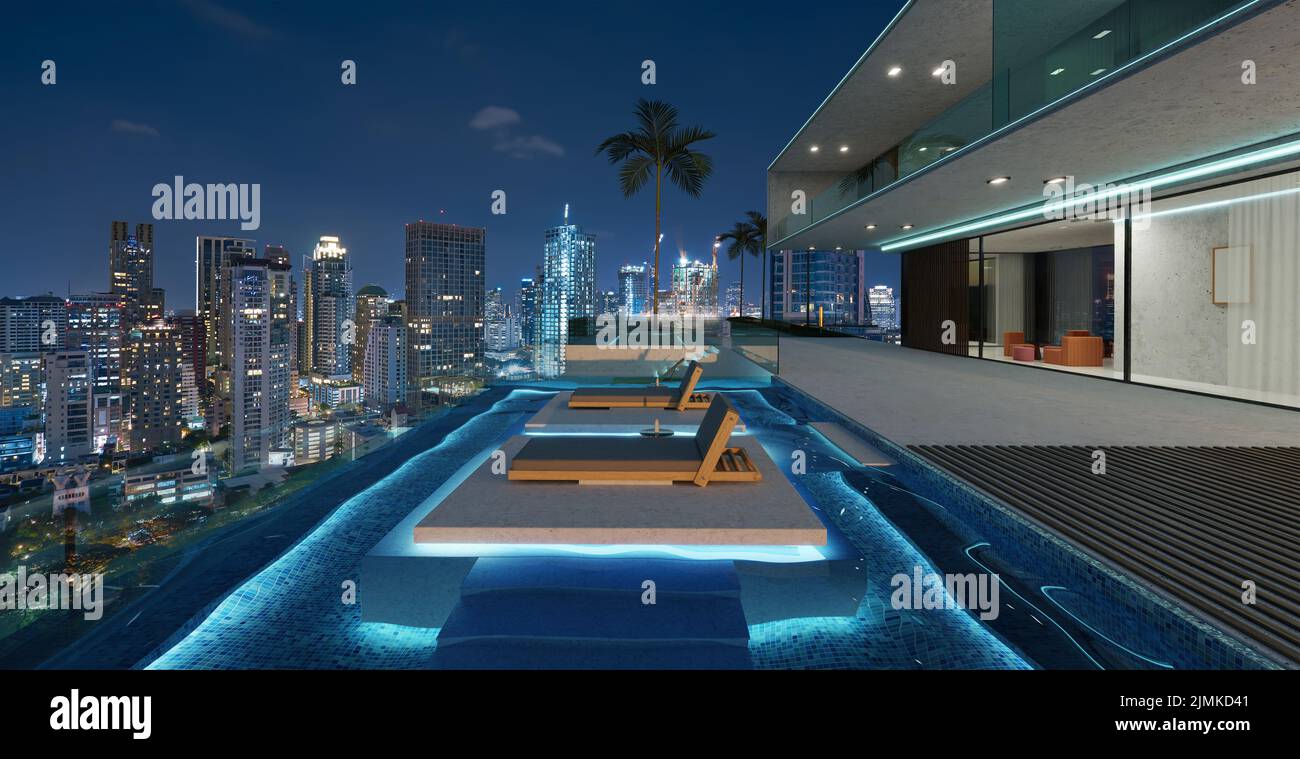 Luxury villa exterior design with beautiful night cityscape at the infinity pool. 3d rendering Stock Photo