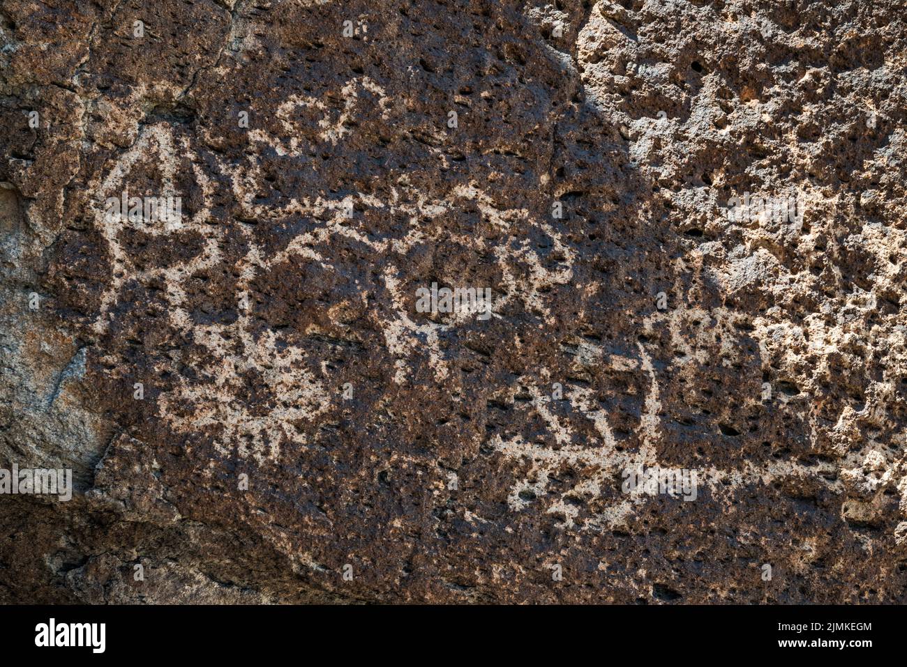 Petroglyphs panel at tuff rock boulder, Crystal Wash, Pahranagat Valley, near Ash Springs, Nevada, USA Stock Photo