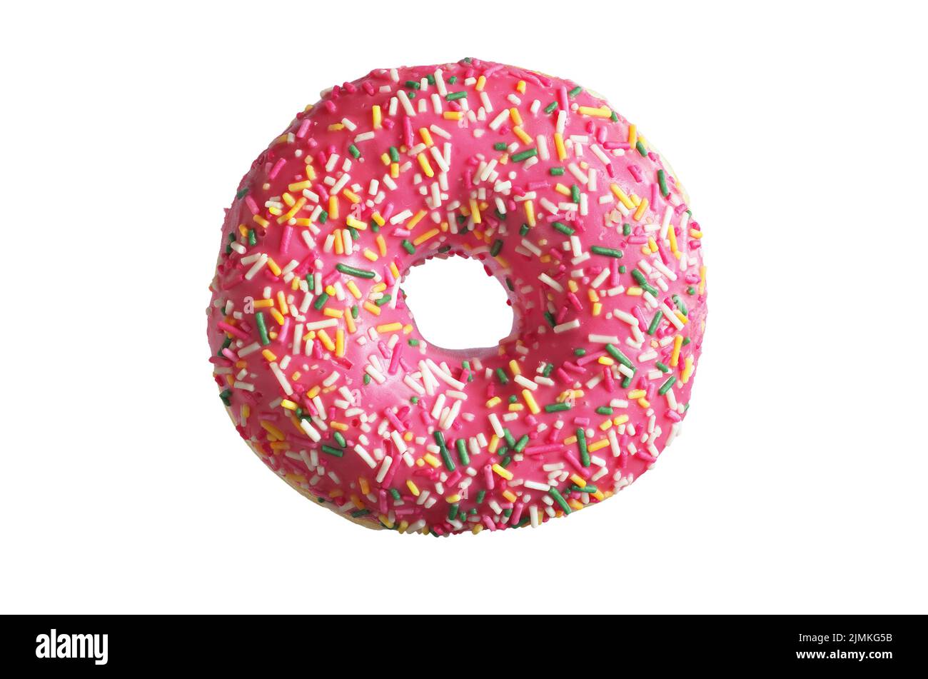 Pink glazed donut with sprinkles isolated on white background, top view ...
