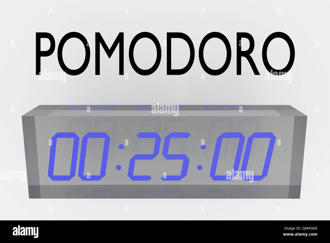 3D illustration of POMODORO title over a digital clock displaying 25 minutes, a typical length of time intervals separated by short breaks in Pomodoro Stock Photo