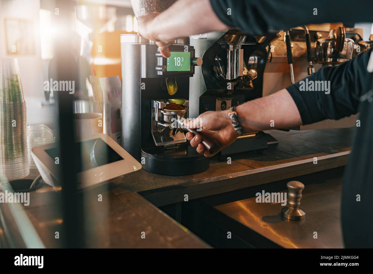 Barista grinds coffee beans pouring into a portafilter using coffee