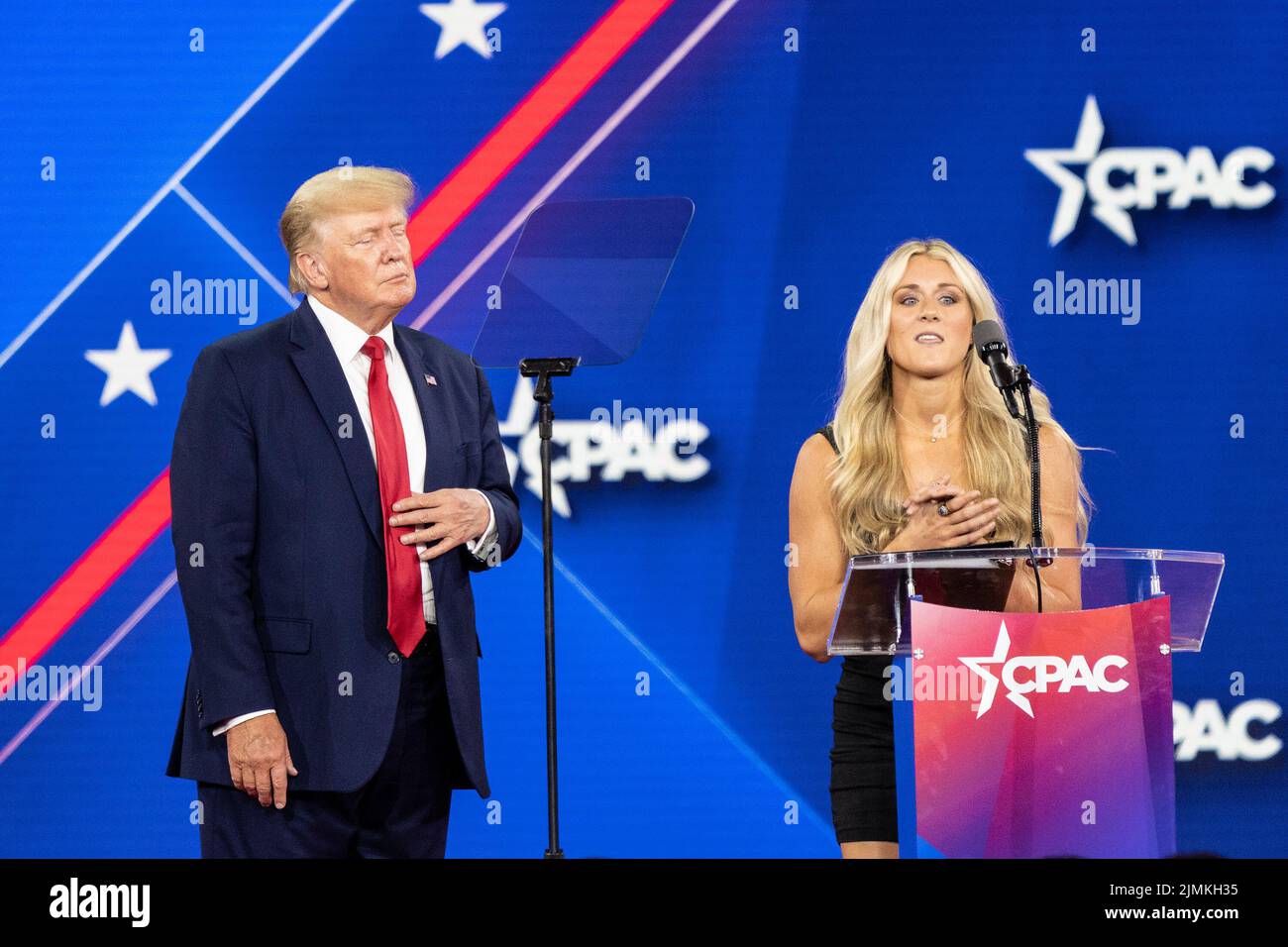 Dallas, Texas, USA. 6th Aug, 2022. 45th President of the USA Donald J. Trump speaks during CPAC (Conservative Political Action Conference) Texas 2022 conference at Hilton Anatole. Trump invited on stage swimmer Riley Gaines who advocates against transgender athletes compete in women's sports. (Credit Image: © Lev Radin/Pacific Press via ZUMA Press Wire) Stock Photo