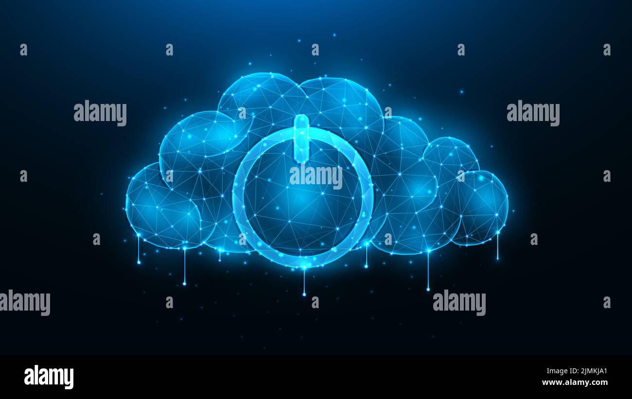 Polygonal vector illustration of a cloud with a power symbol on a dark blue background. The concept of cloud computing and data Stock Photo
