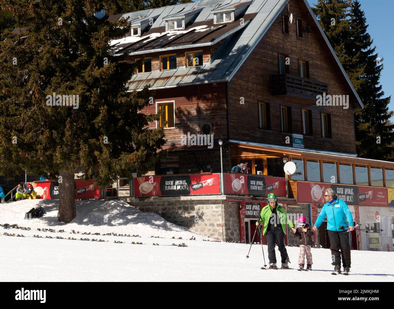 Family skiers at Aleko Hut in Vitosha Mountain, Sofia, Bulgaria, Eastern Europe, Balkans, EU Stock Photo