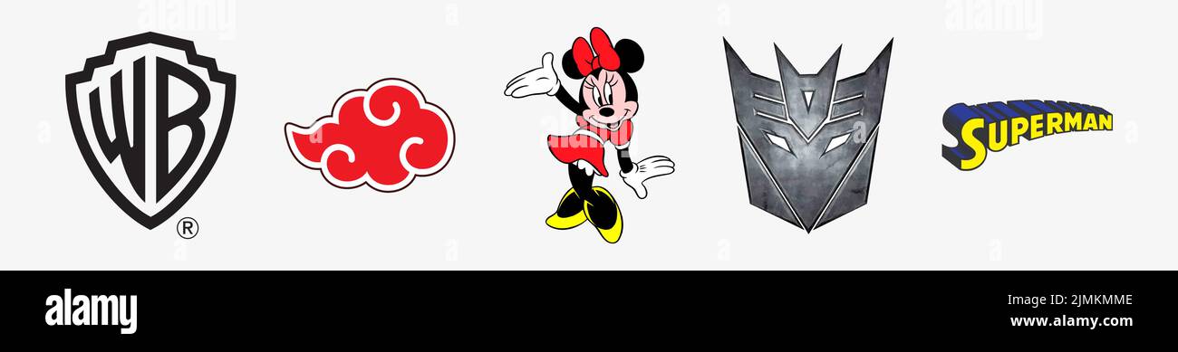 Warner Bros Logo, Minnie Mouse Logo, cloud akatsuki Logo, Superman Logo, Decepticon from Transformers Logo. Arts And Design vector logo illustration. Stock Vector
