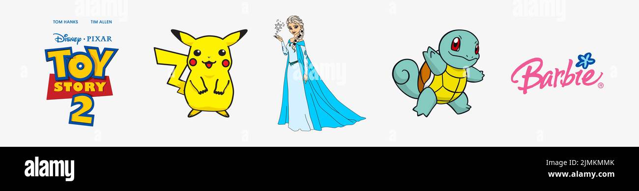 Toy Story 2 Logo, Pokemon Logo, Squirtle Logo, Barbie Logo, Frozen Queen Elsa Logo. Arts And Design vector logo illustration. Stock Vector