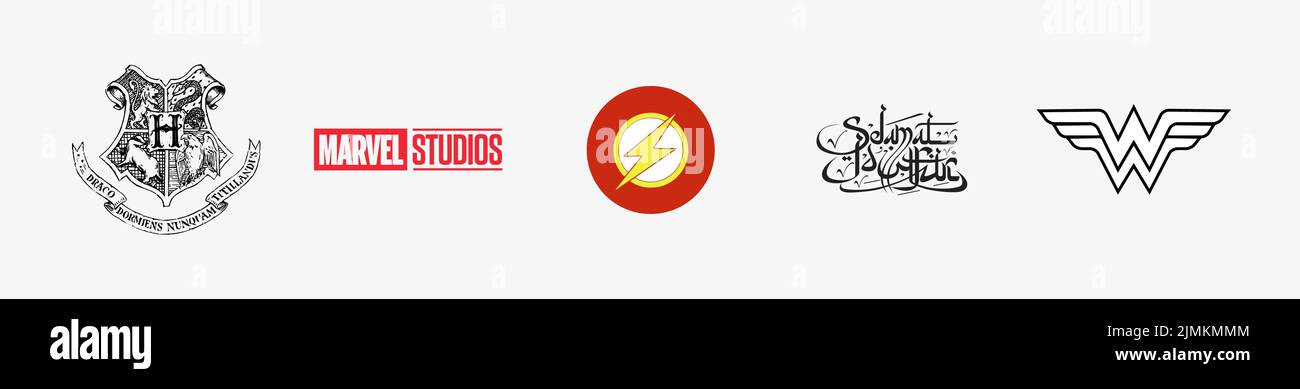 Selamat Idul Fitri Logo, The Flash Logo, Marvel Studios Logo, Hogwarts School of Witchcraft and Wizardry Logo, WonderWoman Logo. Arts And Design vecto Stock Vector