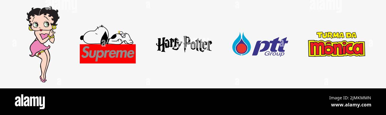 Harry Potter Logo, Turma da Monica Logo, supreme snoopy dog Logo, Betty Boop Logo, PTT Group Logo. Arts And Design vector logo illustration. Stock Vector