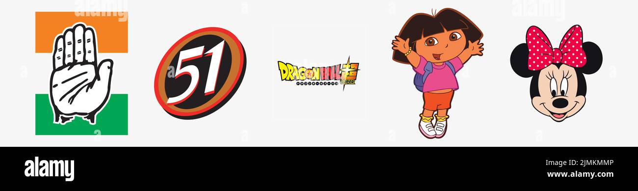 CONGRESS Logo, Minnie Mouse Head Logo, Dragon Ball Super Logo, DORA Logo, 51 Logo. Arts And Design vector logo illustration. Stock Vector