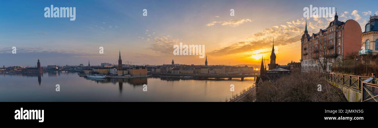 Stockholm Sweden, sunrise panorama city skyline at City Hall Gamla Stan and Slussen Stock Photo