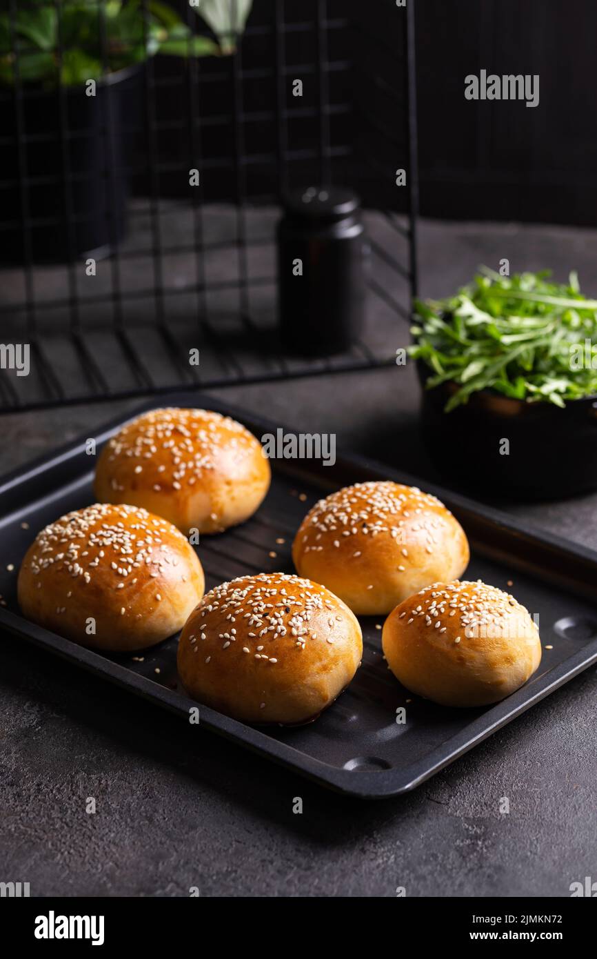 Burger buns with sesame seeds Stock Photo Alamy