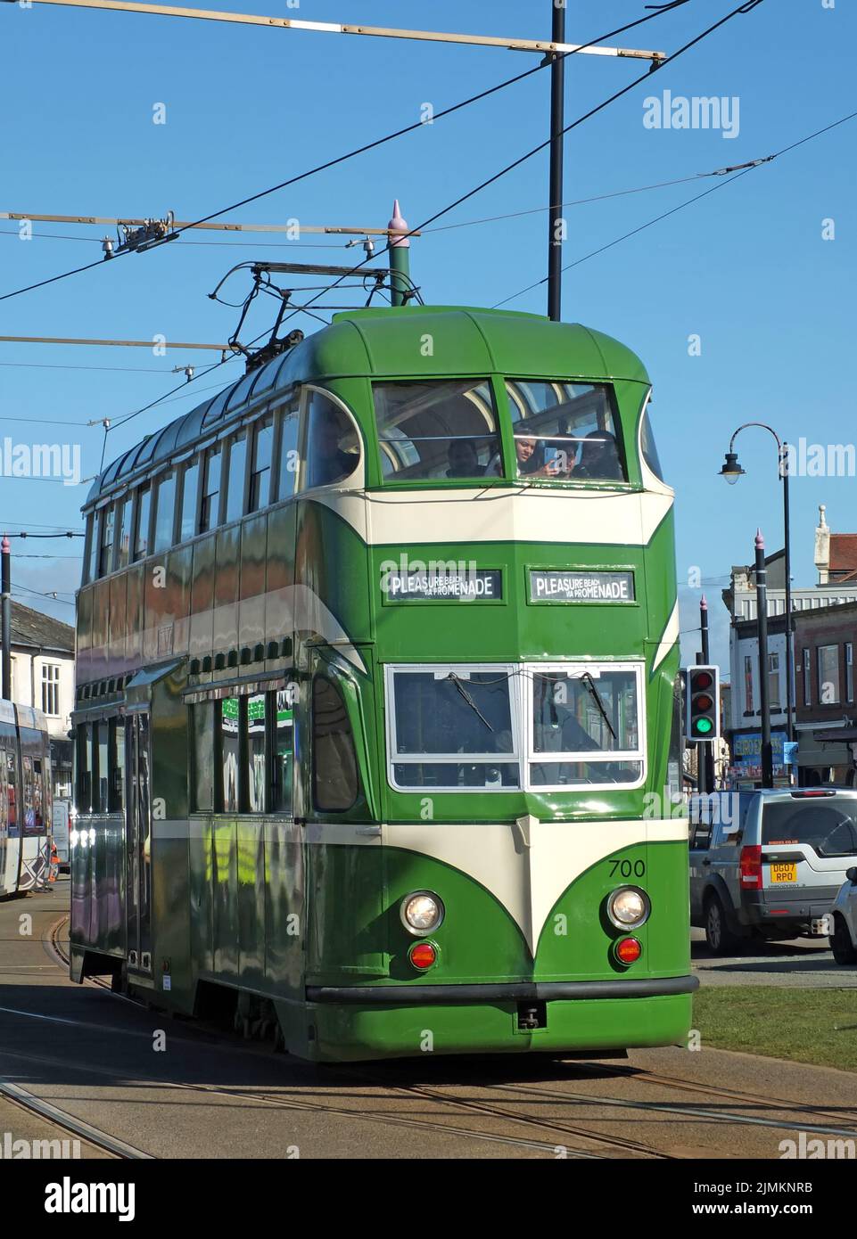 Vintage 1930s english electric blackpool tram on the road in fleetwood