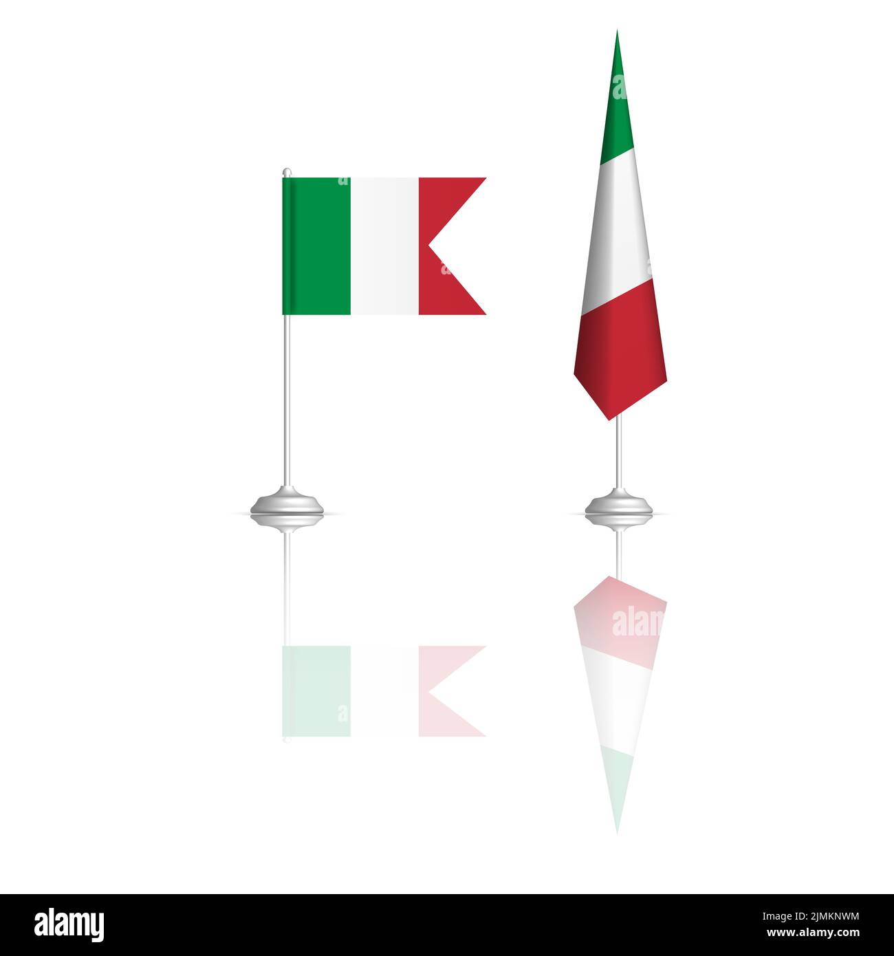 Italian flag in two versions with mirror reflection. Front view, vector illustration. Stock Vector