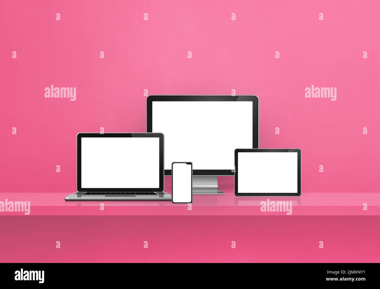 Computer, laptop, mobile phone and digital tablet pc. Pink shelf banner Stock Photo
