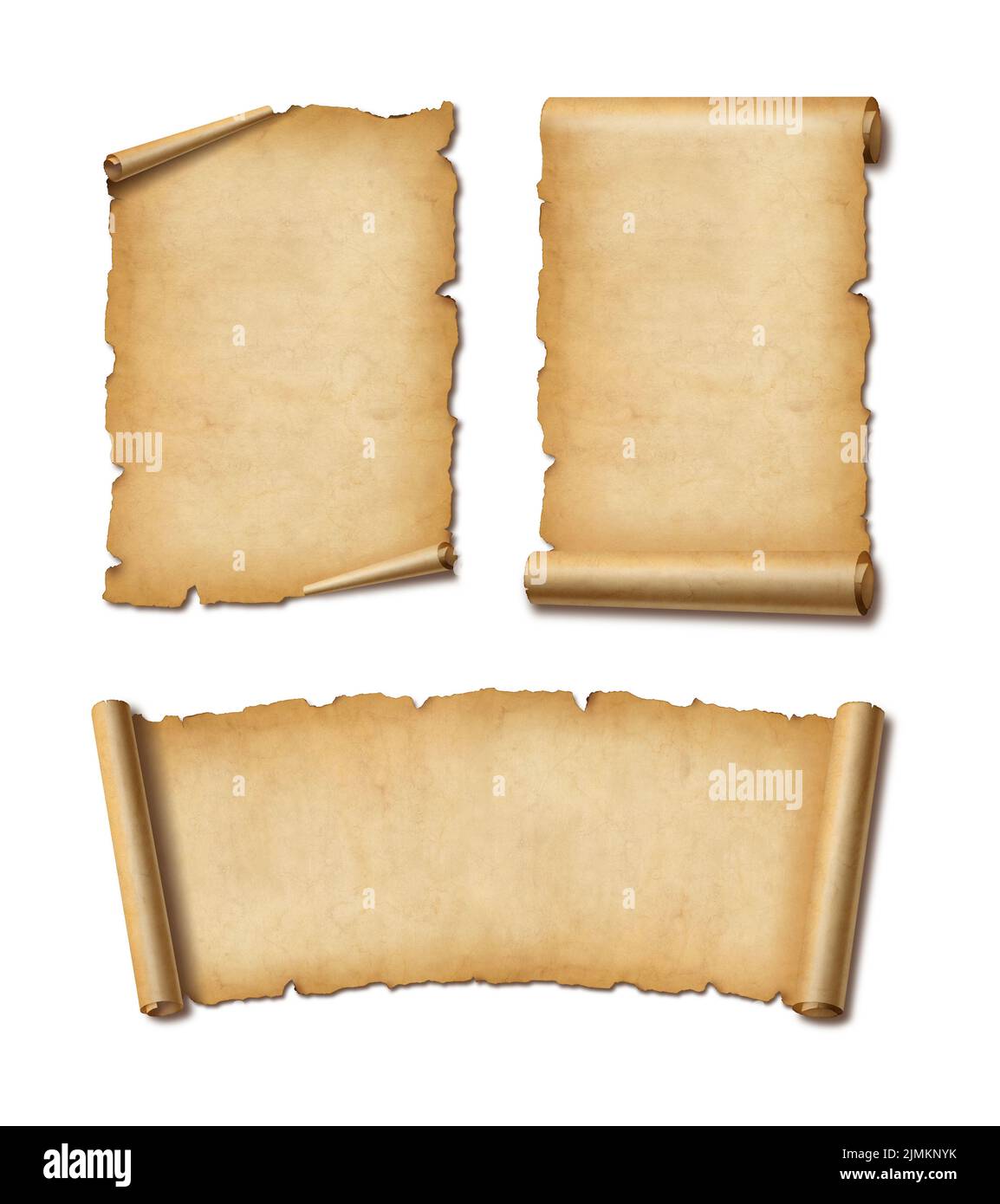 Old Parchment paper scroll set isolated on white with shadow. Horizontal and vertical banners Stock Photo