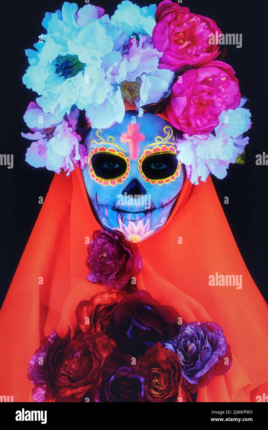 Creative image of Sugar Skull. Neon makeup. Stock Photo