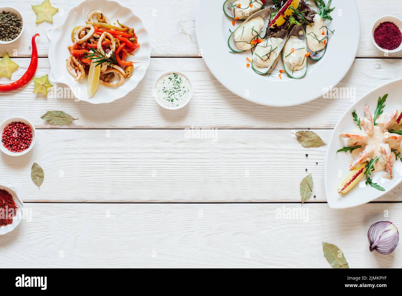 mediterranean restaurant menu seafood dishes Stock Photo - Alamy