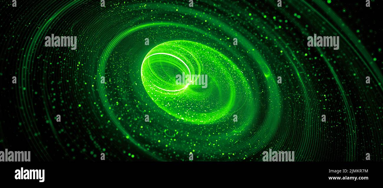 Green glowing spinning spreader, computer generated abstract widescreen background, 3D rendering Stock Photo
