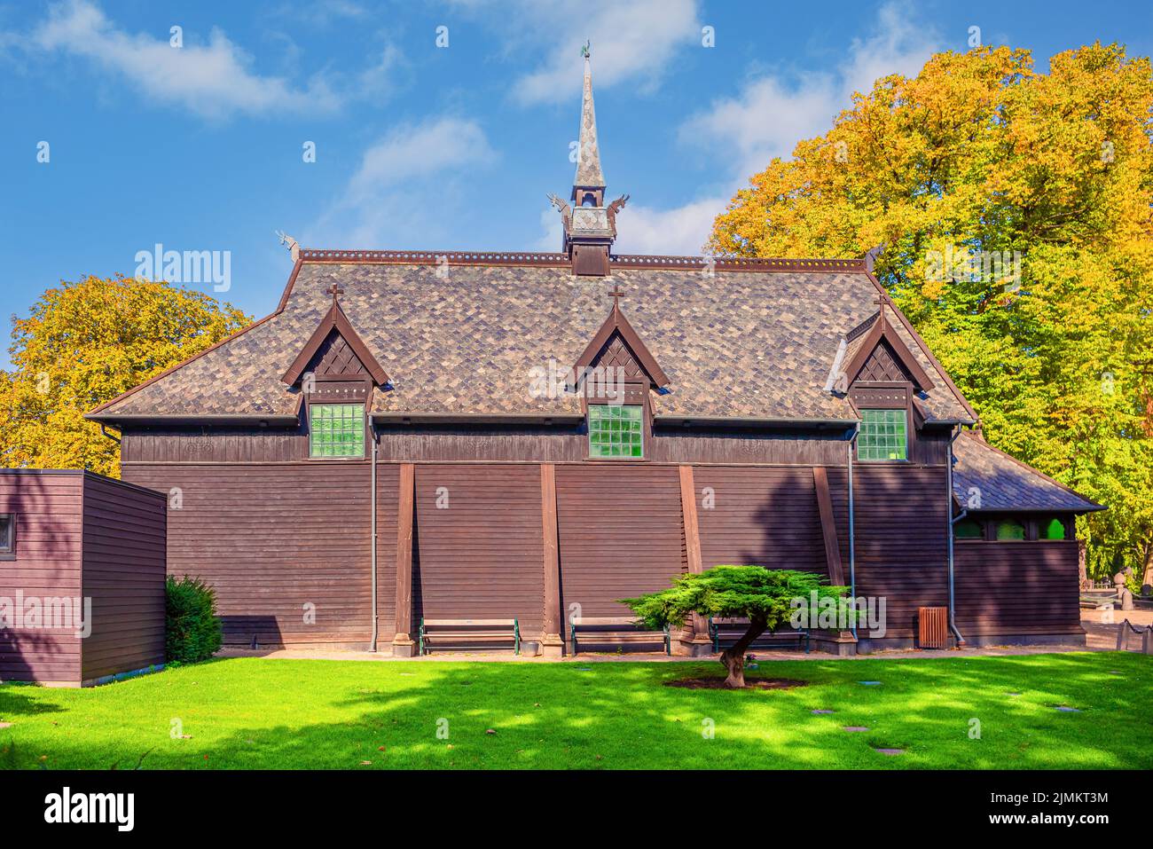 Old chapel at Holmen Cemetery in traditional Nordic stave churches