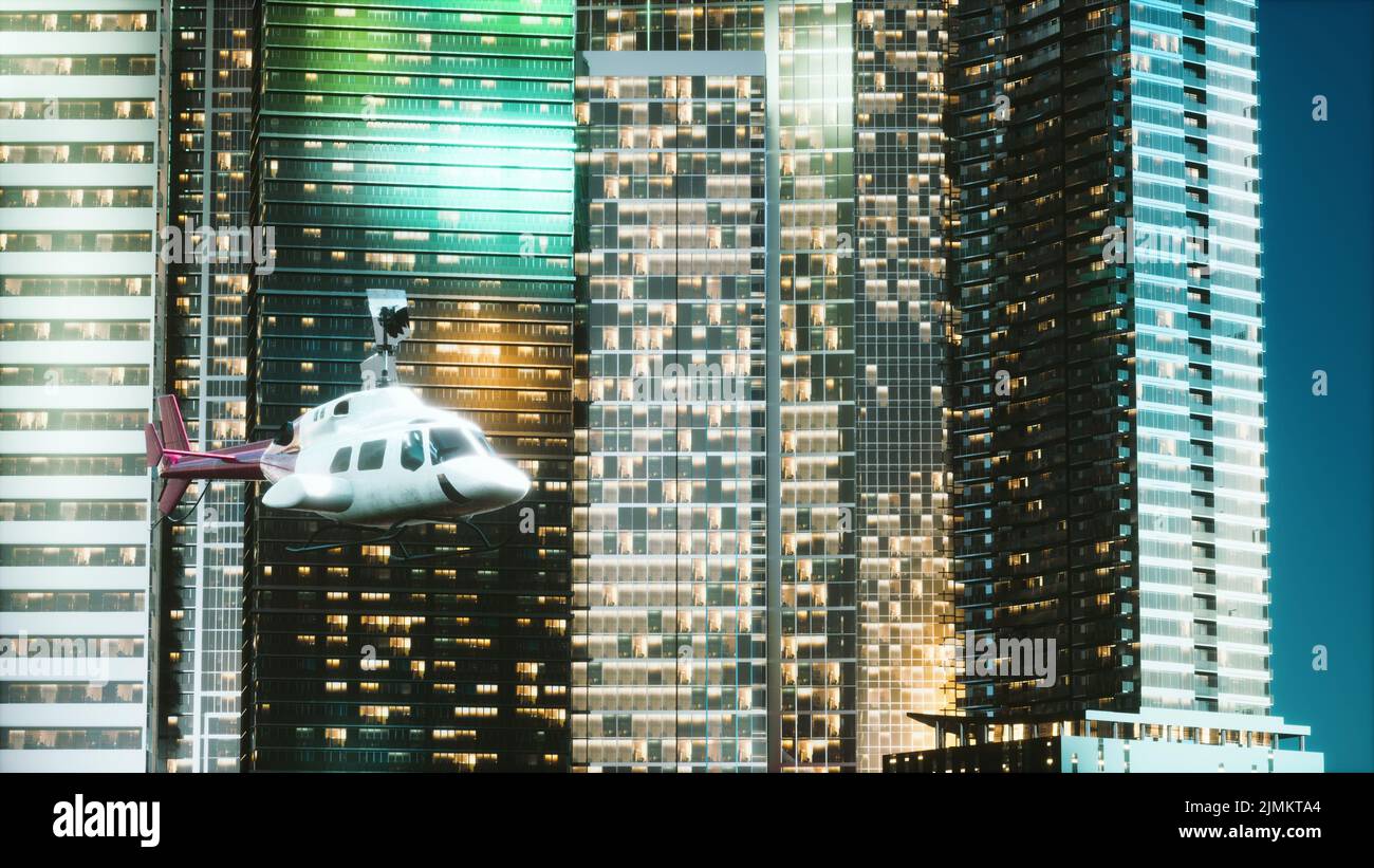 Helicopter flies through center of big city Stock Photo