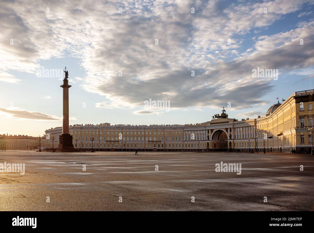 Palace Square in St. Petersburg in the early morning at dawn. Alexander Column and the General Staff Building Stock Photo