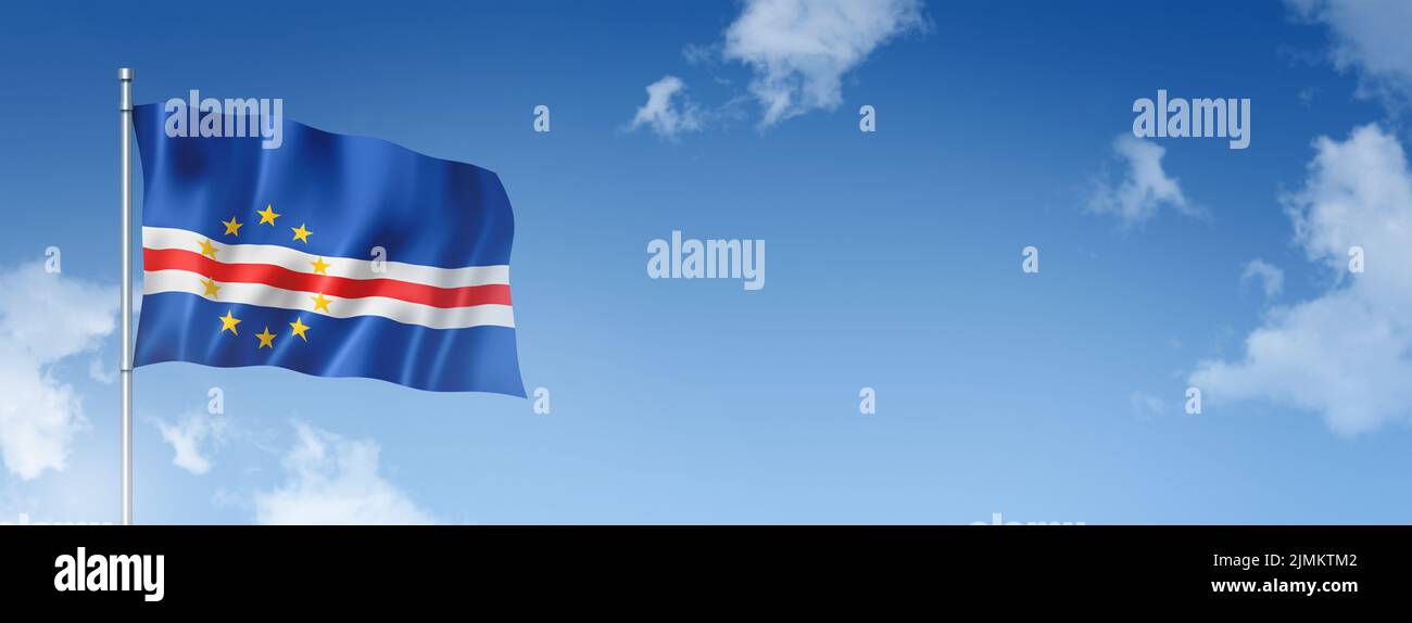 Cape Verde flag isolated on a blue sky. Horizontal banner Stock Photo