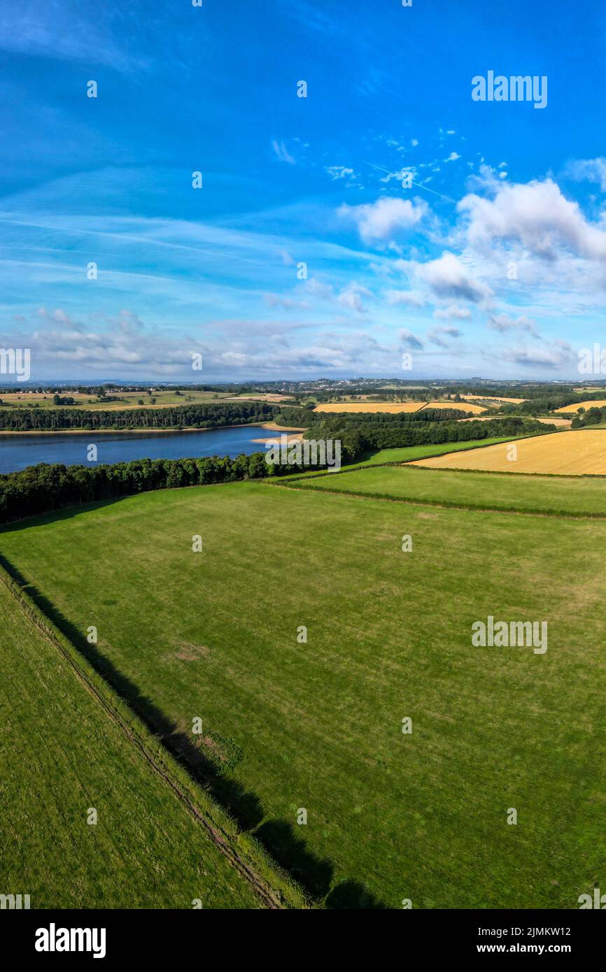 Aerial view of mixed use agricultural fields in the West Yorkshire