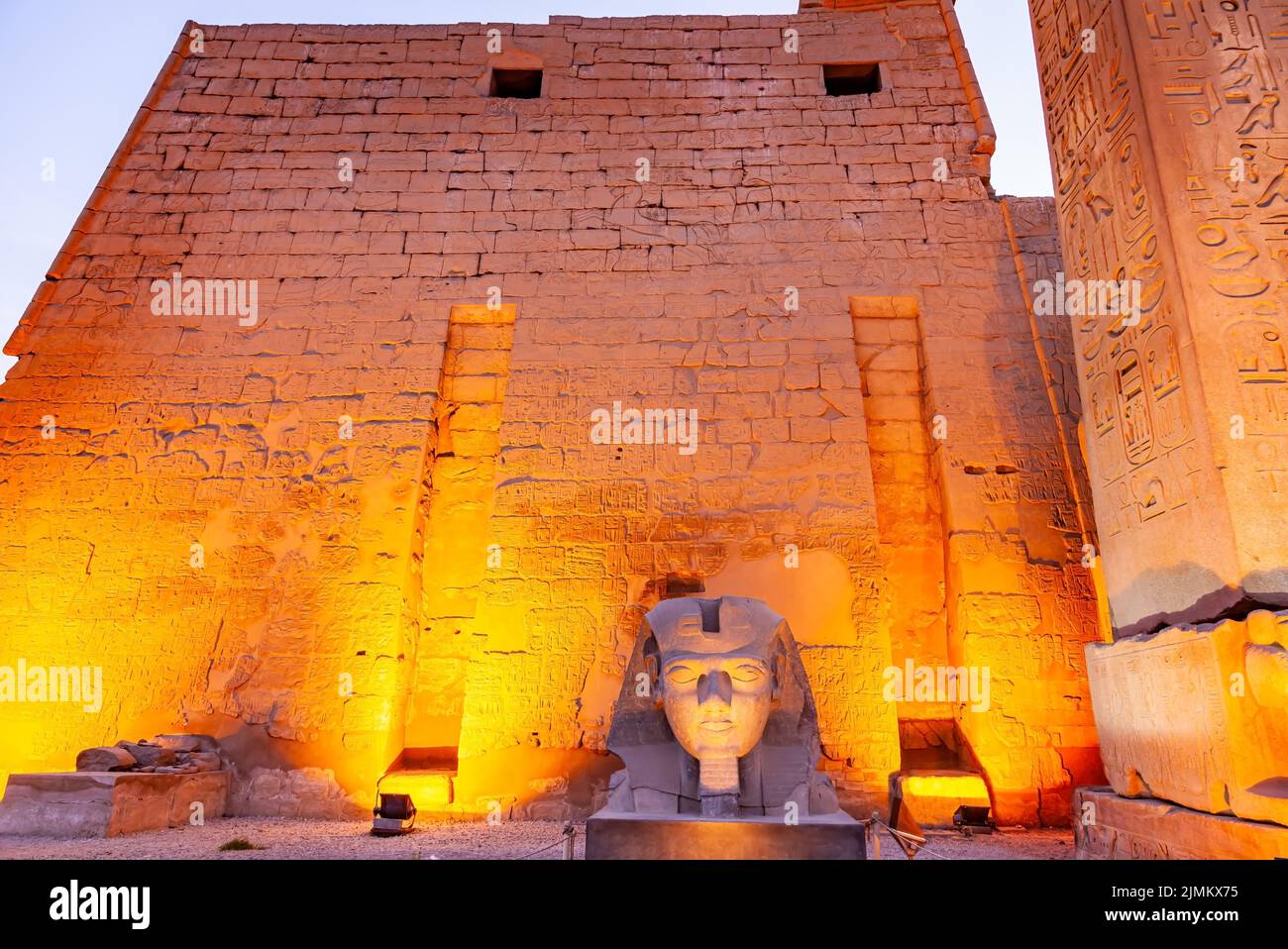 Night scene of The head of great Pharaoh Ramses II statue. Stock Photo
