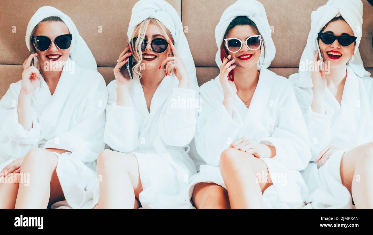 hen party spa therapy leisure posh women phones Stock Photo