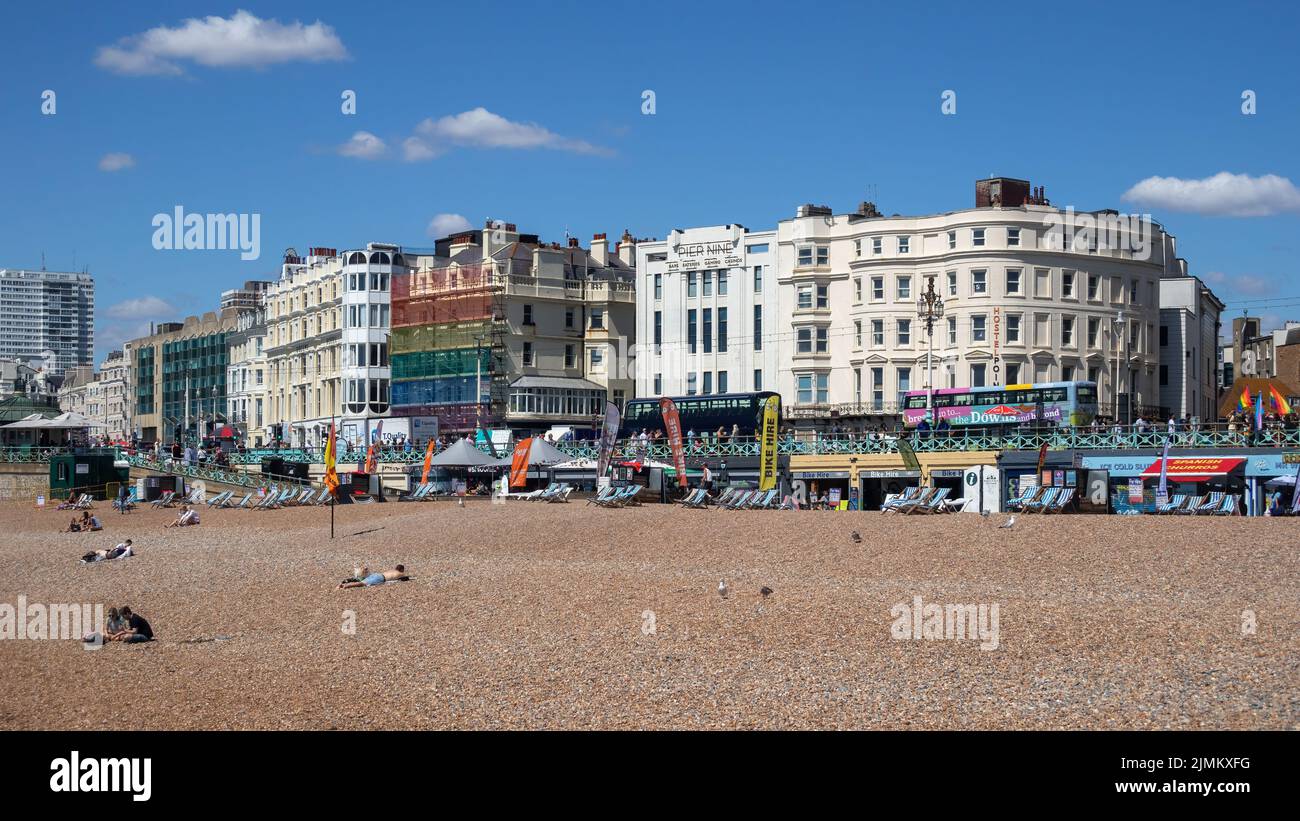 Brighton, East Sussex, UK - August 5 2022 : View of the beach in Brighton on August 5, 2022. Unidentified people Stock Photo