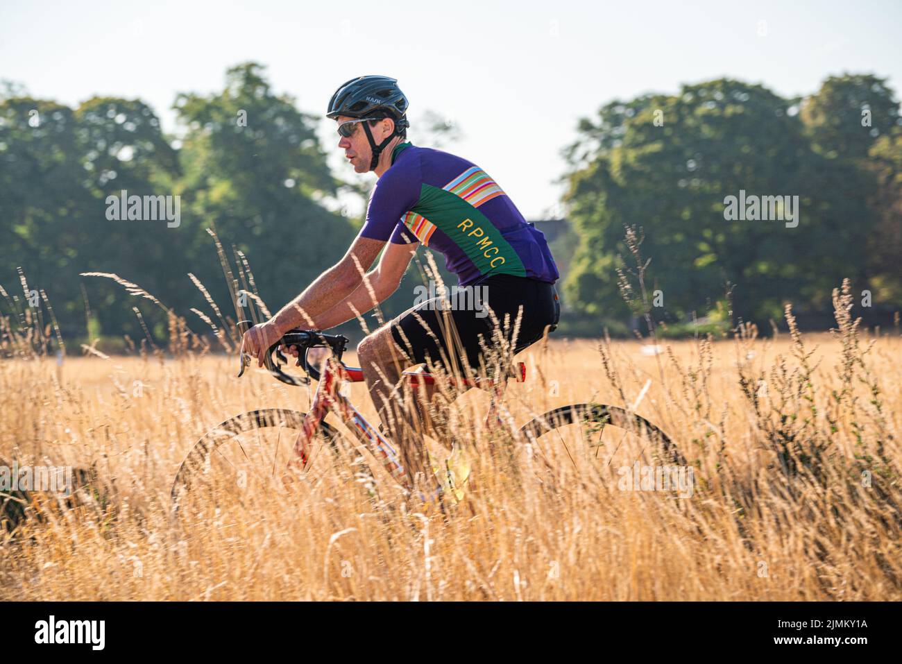 Wimbledon, London, UK. 7 August 2022  A cyclist riding  in the bright sunshine this morning through the parched Wimbledon Common, south west London  as the hot weather and a lack of rainfall continue to grip much of the south of England and the UK, with temperatures expected to reach  above 30celsius  by next week Credit. amer ghazzal/Alamy Live News Stock Photo