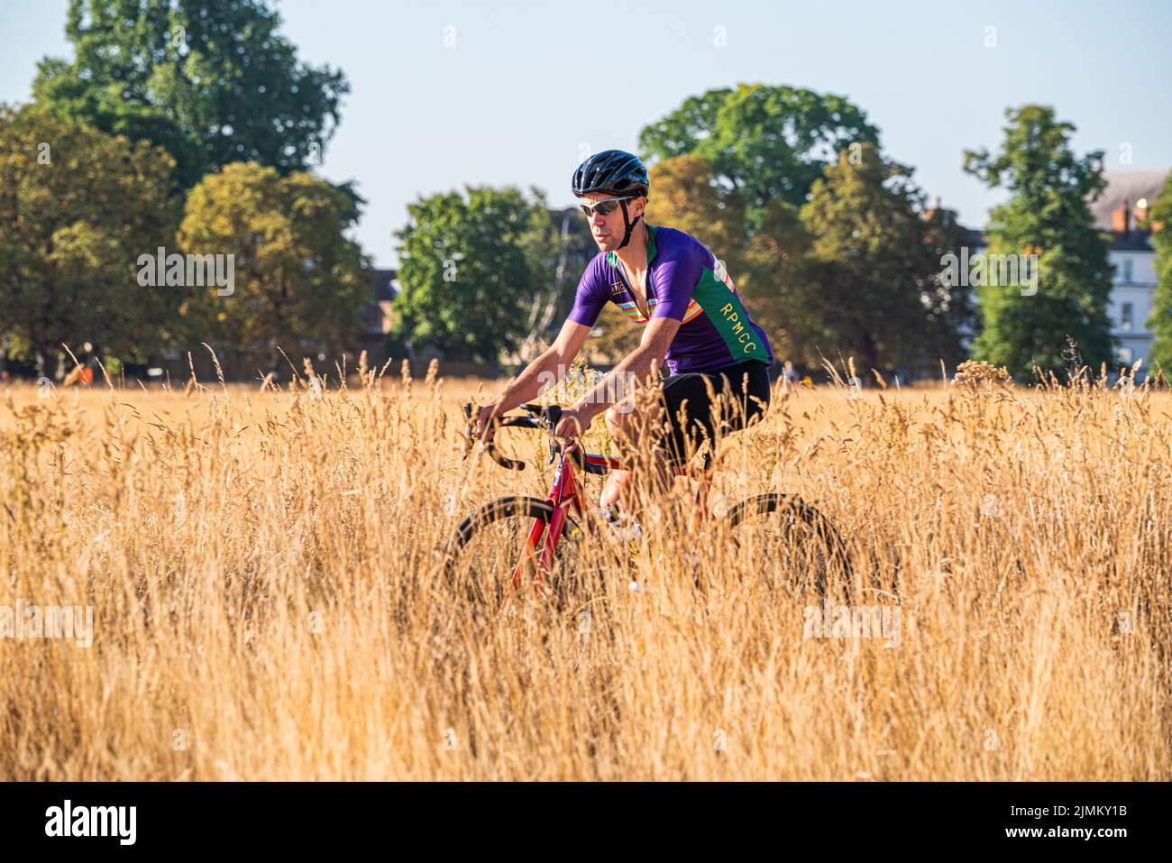 Wimbledon, London, UK. 7 August 2022  A cyclist riding  in the bright sunshine this morning through the parched Wimbledon Common, south wst London as the hot weather and a lack of rainfall continue to grip much of the south of England and the UK, with temperatures expected to reach  above 30celsius  by next week Credit. amer ghazzal/Alamy Live News Stock Photo