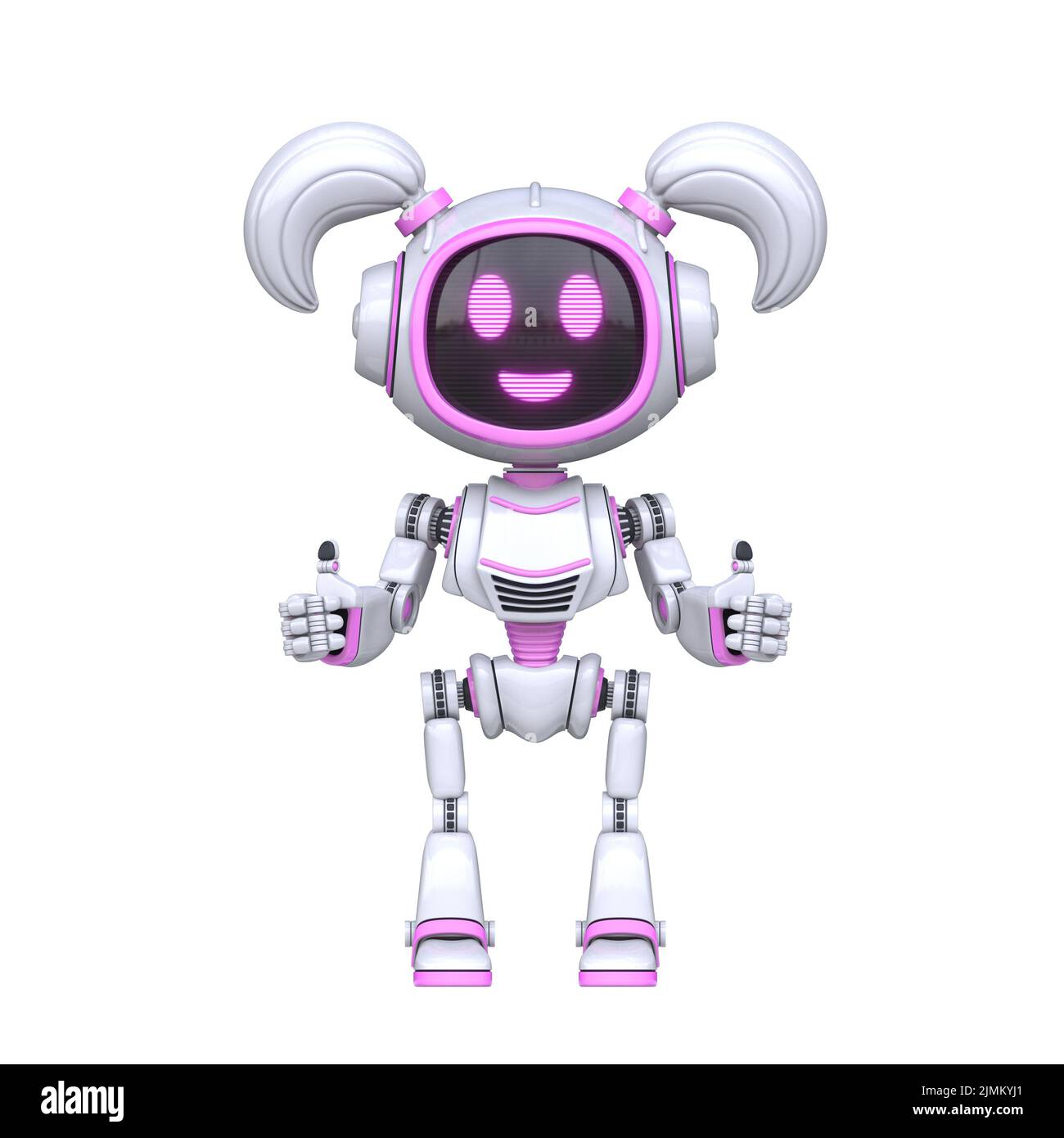 Cute pink girl robot giving thumbs up 3D Stock Photo