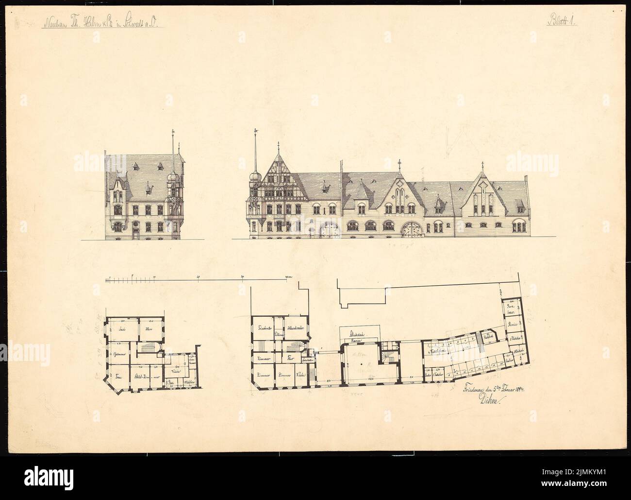 DIHM Ludwig (1849-1928), Fa. Th. Hahn and Co., Schwedt/Oder (05.02.1894): 2 views, 2 floor plans. Ink on cardboard, 51.1 x 70.8 cm (including scan edges) Stock Photo