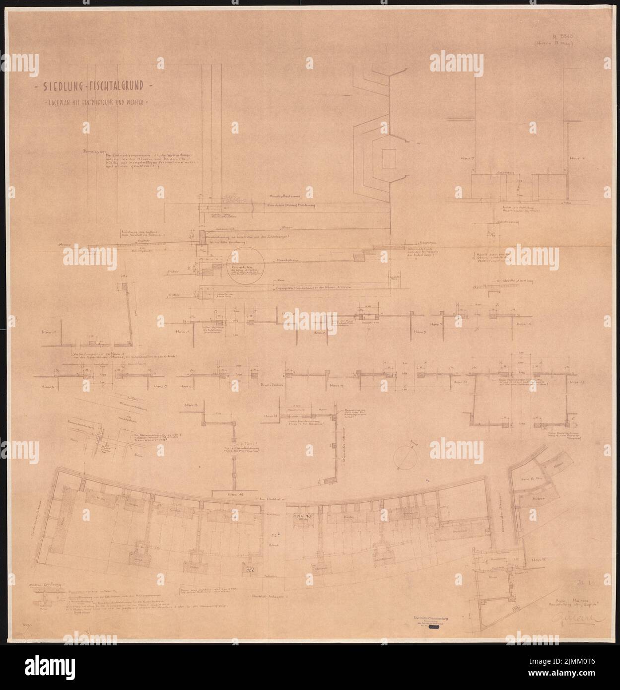 Poelzig Hans (1869-1936), Gagfah settlement in the Fischtalgrund, Berlin (05.1928): Depending plan with fencing and pavement. Light break on paper, 101.2 x 97.3 cm (including scan edges) Stock Photo