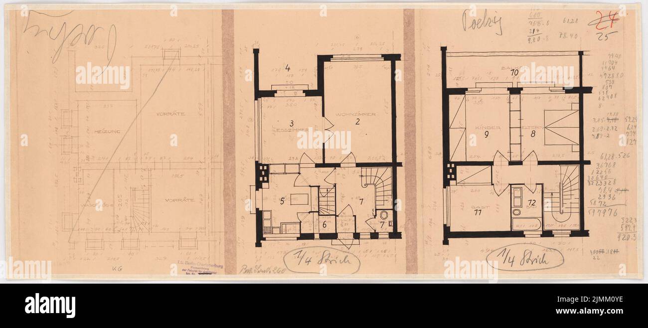 Poelzig Hans (1869-1936), Gagfah settlement in the Fischtalgrund, Berlin (March 26, 1928): House 9, floor plan KG, EG, OG 1:50 (by Inv.No. 3801). Ink and pencil over a break on paper, 32.7 x 74.7 cm (including scan edges) Stock Photo