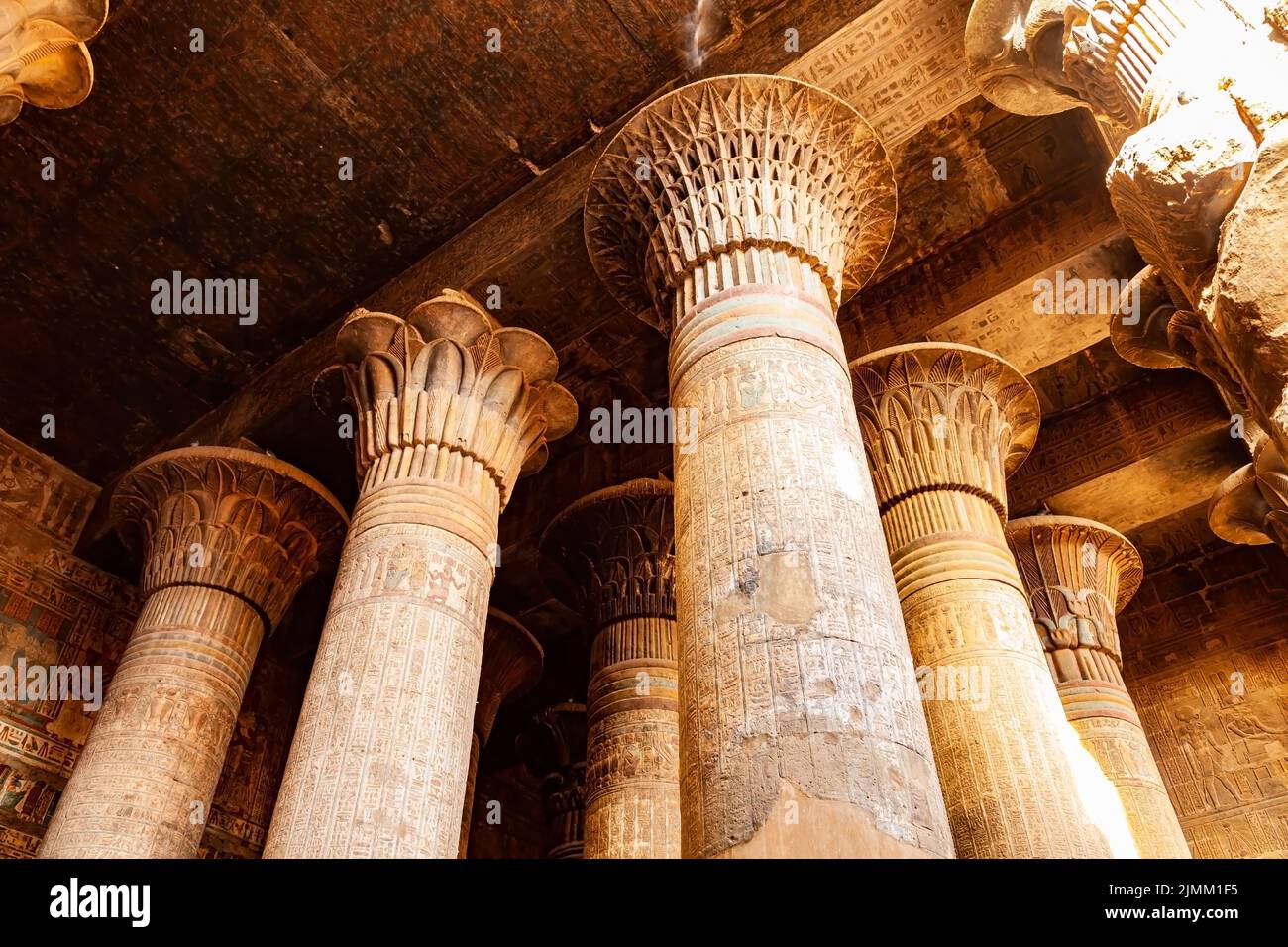 Beautiful decoration at the columns of the Temple of Khnum (the Ram Headed Egyptian God) in Esna. Stock Photo