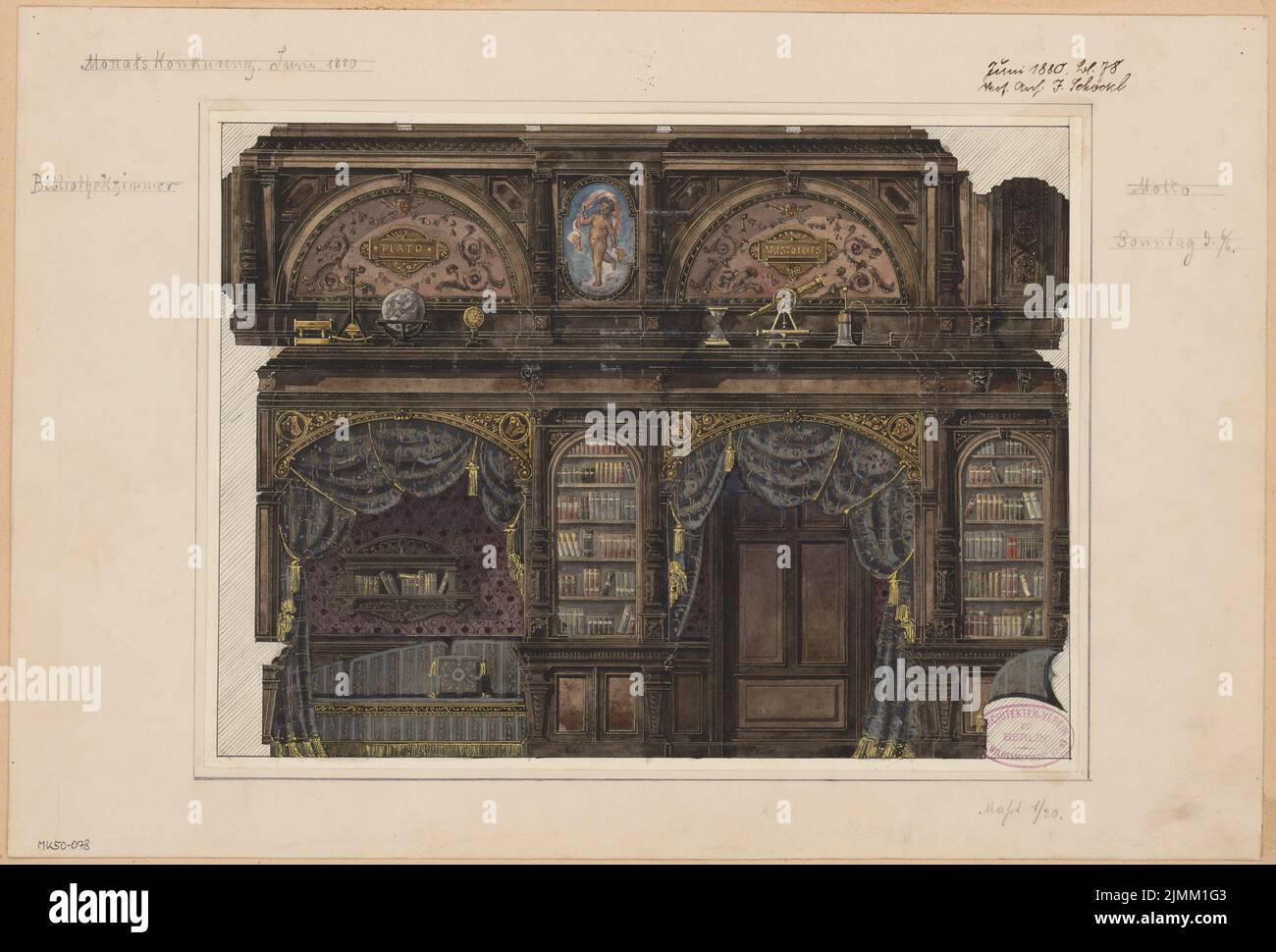 Schöckl Ignaz (1855-1928), library room. Monthly competition June 1880 (06.1880): Riss wall with door 1:20. Ink and pencil watercolored on paper, 32.6 x 48.1 cm (including scan edges) Stock Photo