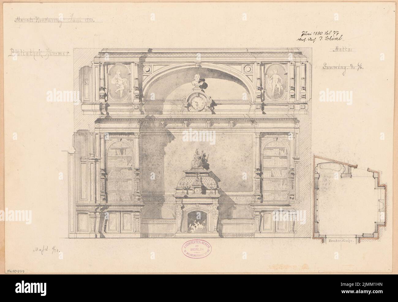 Schöckl Ignaz (1855-1928), library room. Monthly competition June 1880 (06.1880): Riss fireplace with cross -section of the windows 1:20. Pencil watercolor on the box, 34.3 x 49.8 cm (including scan edges) Stock Photo