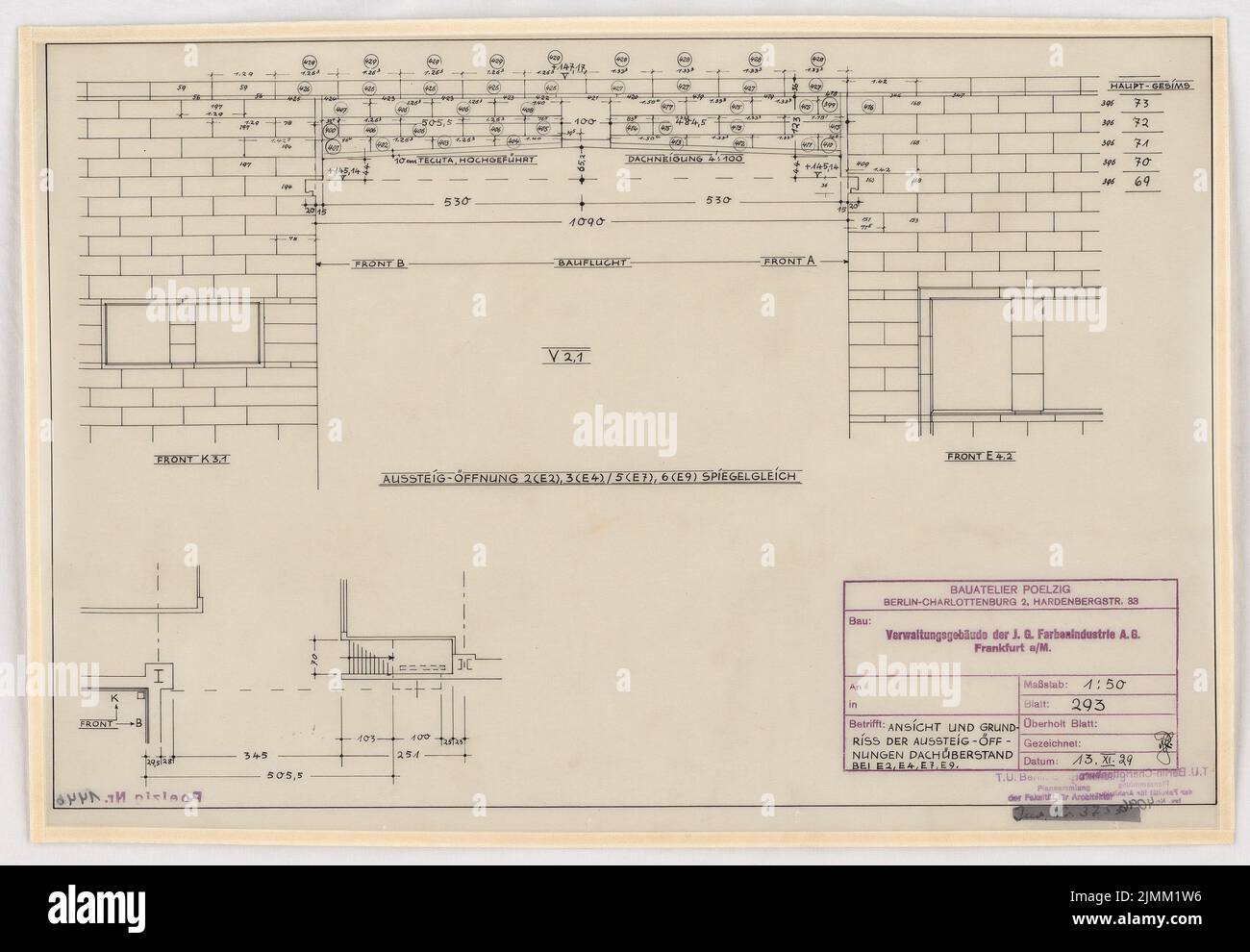 Poelzig Hans (1869-1936), I.G.-colors in Frankfurt/Main. Administration building (November 13, 1929): Downturns roof overhang at E2, E4, E7, E9, Upper, floor plan 1:50. Ink on transparent, 35.4 x 51.1 cm (including scan edges) Stock Photo