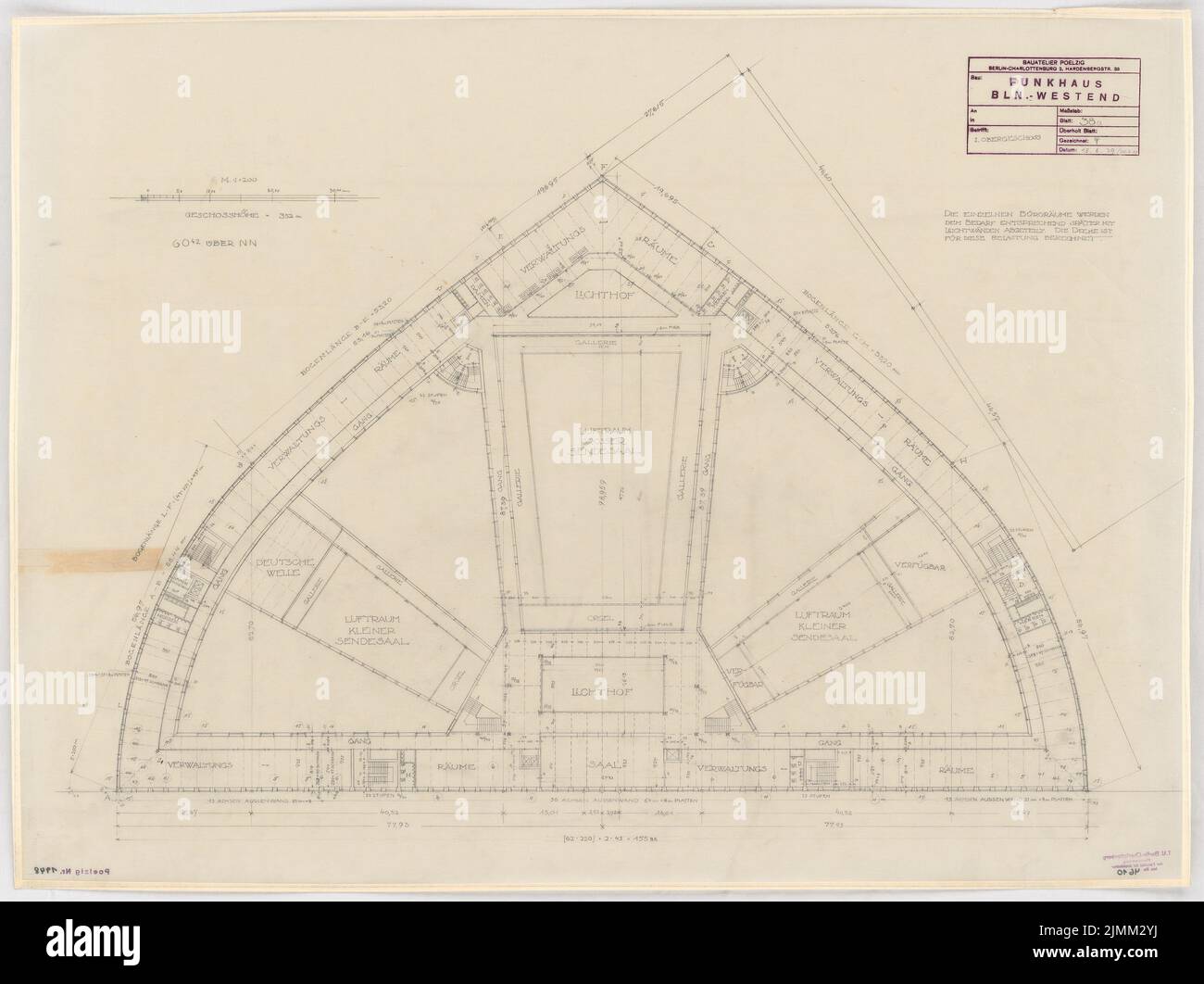 Poelzig Hans (1869-1936), House of Radio, Berlin (June 20, 1929): June 1929 project, floor plan 1: 200. Pencil on transparent, 72.1 x 96.3 cm (including scan edges) Stock Photo