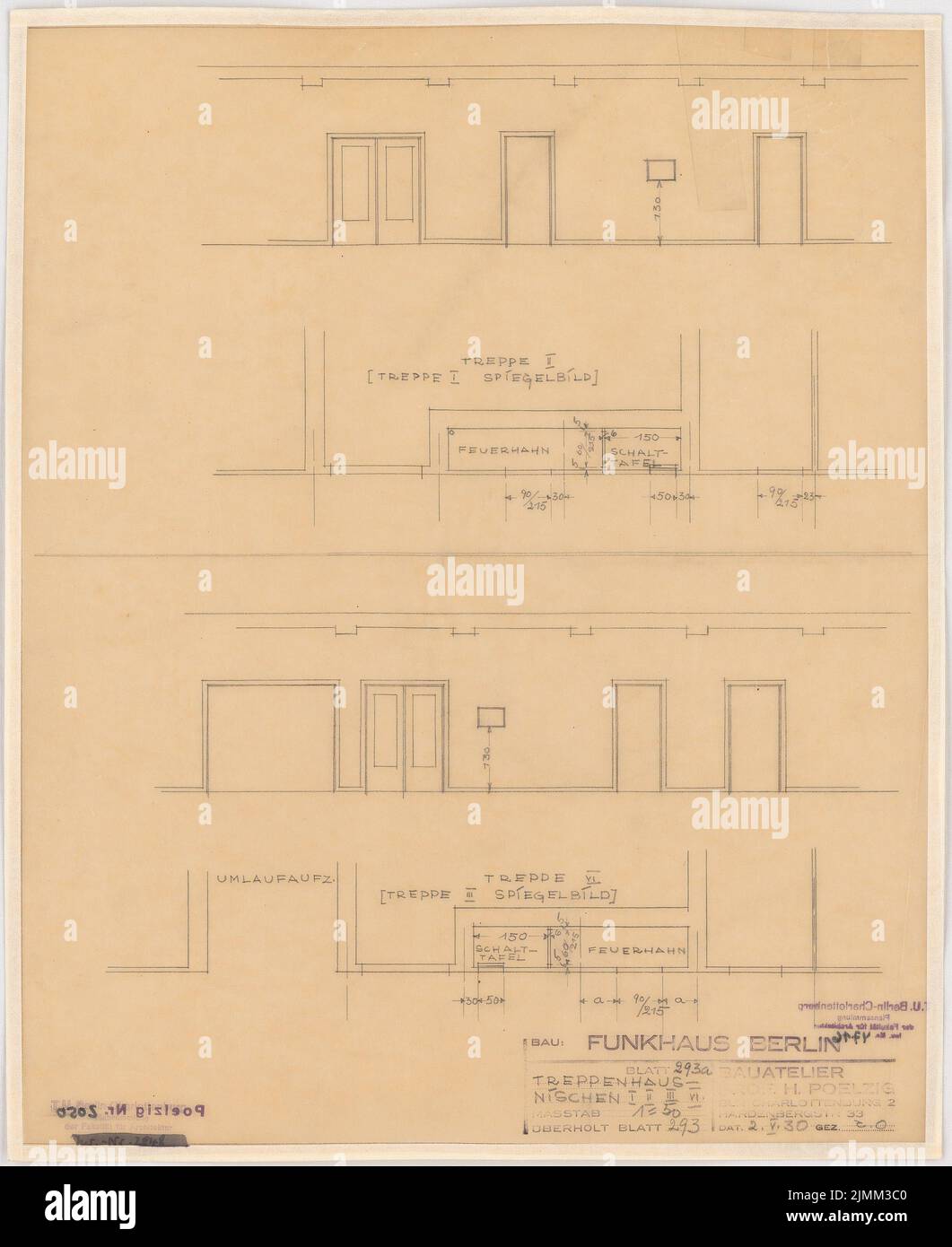 Poelzig Hans (1869-1936), House of Radio, Berlin (02.05.1930): Execution project, staircase niches I, II, III, VI, Upper, floor plan 1:50. Pencil on transparent, 46.3 x 37.8 cm (including scan edges) Stock Photo