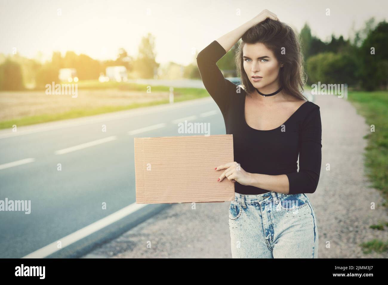Hitchhiker on the road is holding a blank cardboard sign Stock Photo Alamy